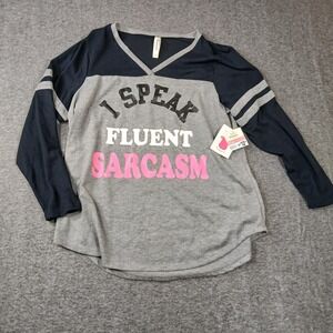 Boutique Plus Womens I Speak Fluent Sarcasm Football Tee Grey Navy Blue 2X NWT